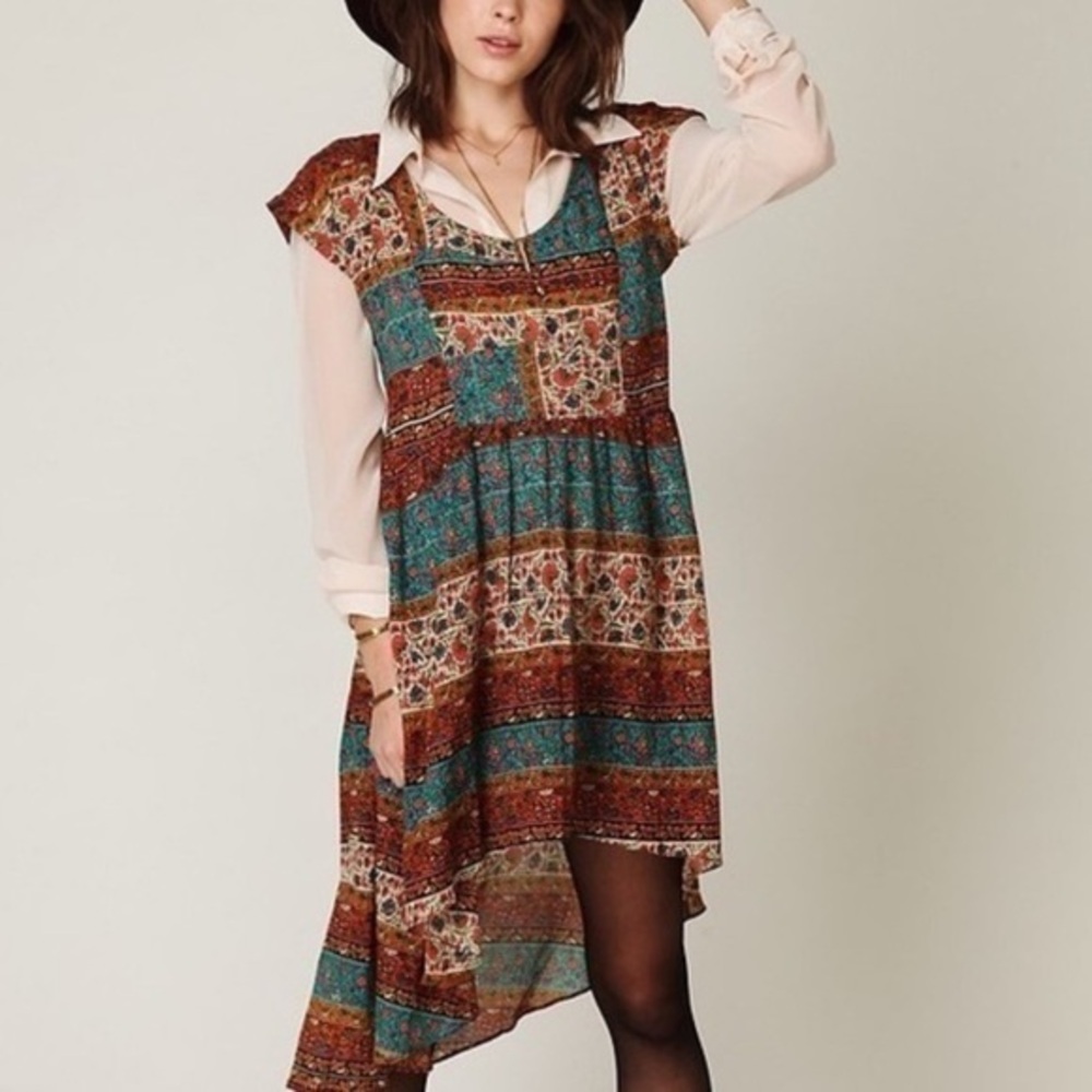Free People Short Sleeve Coastal Tectonics Dress Boho High Low Sheer Overlay XS